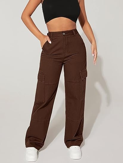 Women's Cargo Jeans High Waist Flap Pocket Straight Leg Denim Pants